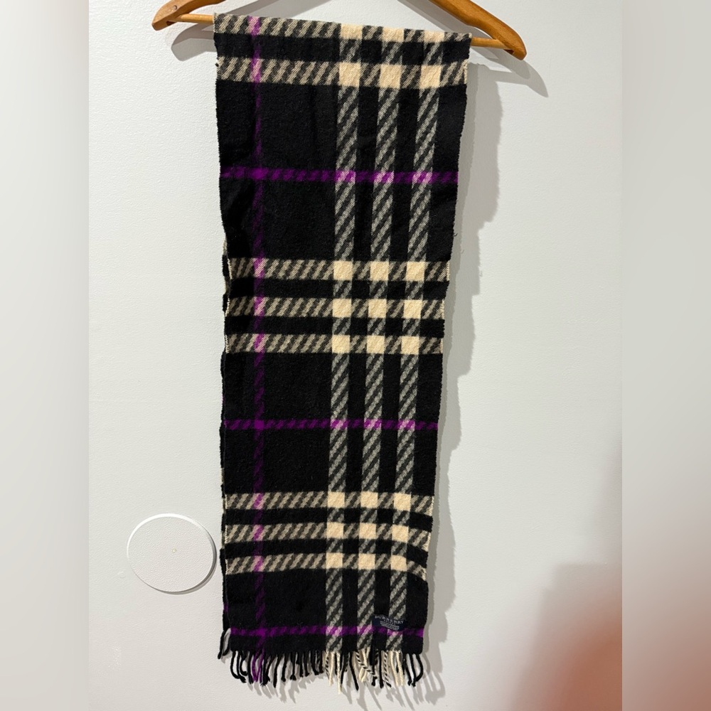 Burberry London 100% Cashmere Authentic Scarf Purple‎ Black Beige Fringe 68”
